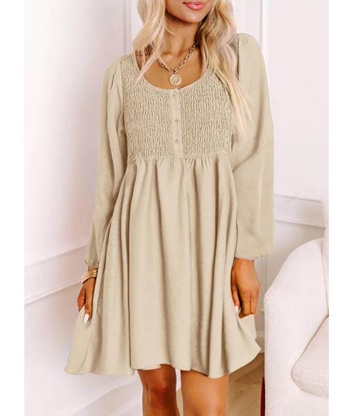 Dokotoo Womens 2025 Casual Dresses Smocked Crewneck Button Up Long Sleeve Empire Waist A-Line Mini Dress