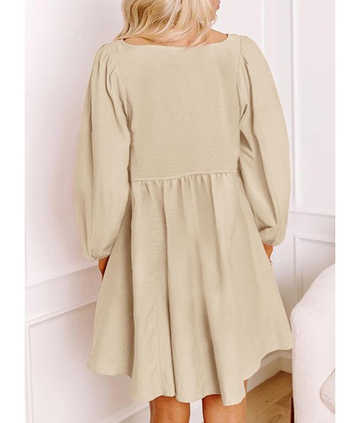 Dokotoo Womens 2025 Casual Dresses Smocked Crewneck Button Up Long Sleeve Empire Waist A-Line Mini Dress