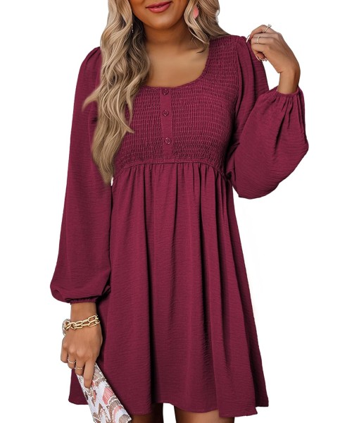 Dokotoo Womens 2025 Casual Dresses Smocked Crewneck Button Up Long Sleeve Empire Waist A-Line Mini Dress