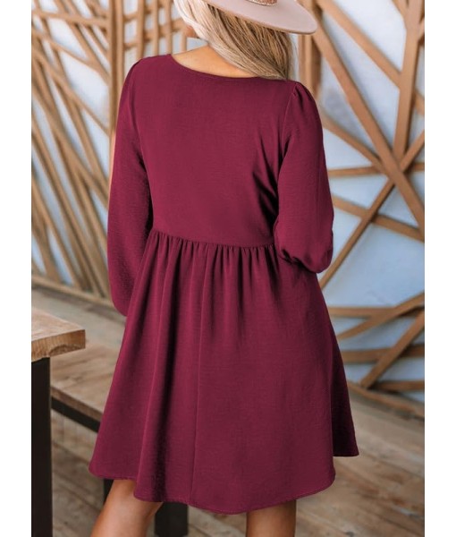 Dokotoo Womens 2025 Casual Dresses Smocked Crewneck Button Up Long Sleeve Empire Waist A-Line Mini Dress