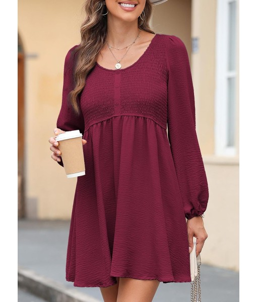 Dokotoo Womens 2025 Casual Dresses Smocked Crewneck Button Up Long Sleeve Empire Waist A-Line Mini Dress