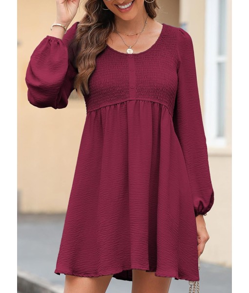 Dokotoo Womens 2025 Casual Dresses Smocked Crewneck Button Up Long Sleeve Empire Waist A-Line Mini Dress