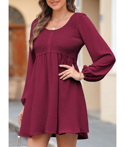 Dokotoo Womens 2025 Casual Dresses Smocked Crewneck Button Up Long Sleeve Empire Waist A-Line Mini Dress