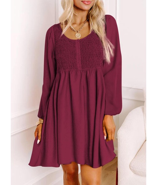 Dokotoo Womens 2025 Casual Dresses Smocked Crewneck Button Up Long Sleeve Empire Waist A-Line Mini Dress