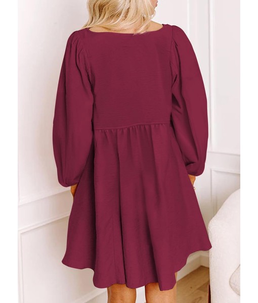 Dokotoo Womens 2025 Casual Dresses Smocked Crewneck Button Up Long Sleeve Empire Waist A-Line Mini Dress