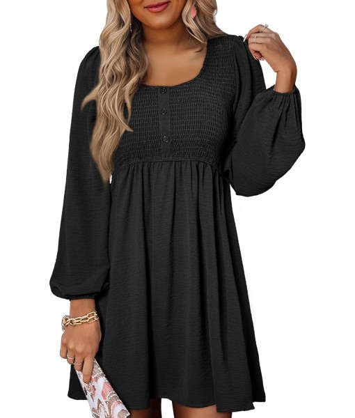 Dokotoo Womens 2025 Casual Dresses Smocked Crewneck Button Up Long Sleeve Empire Waist A-Line Mini Dress