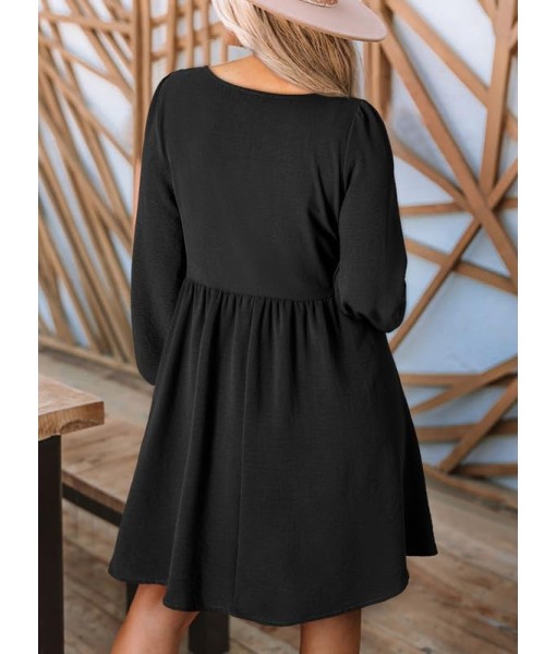 Dokotoo Womens 2025 Casual Dresses Smocked Crewneck Button Up Long Sleeve Empire Waist A-Line Mini Dress