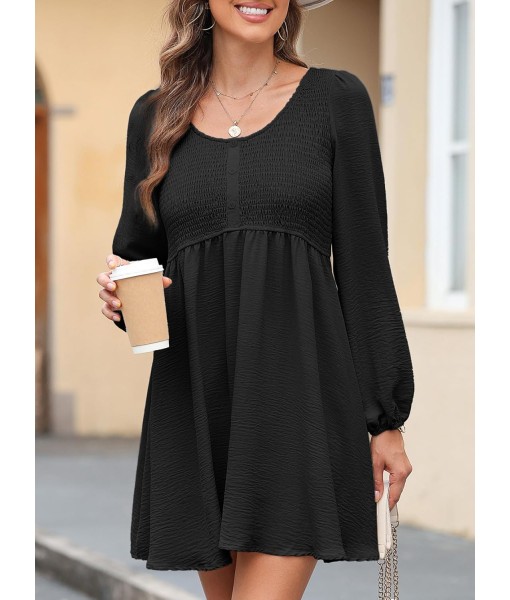 Dokotoo Womens 2025 Casual Dresses Smocked Crewneck Button Up Long Sleeve Empire Waist A-Line Mini Dress