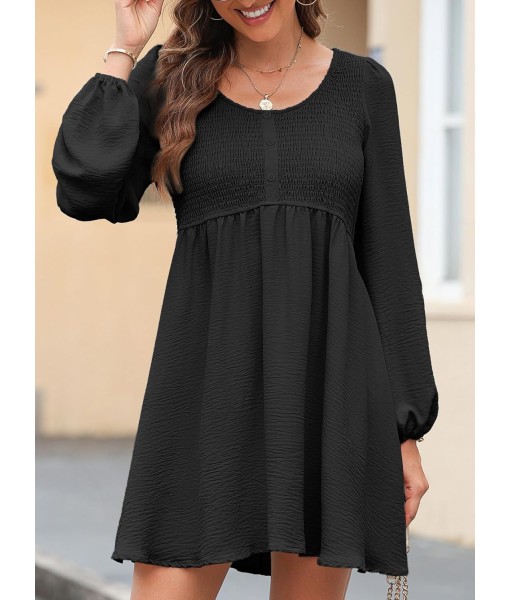 Dokotoo Womens 2025 Casual Dresses Smocked Crewneck Button Up Long Sleeve Empire Waist A-Line Mini Dress