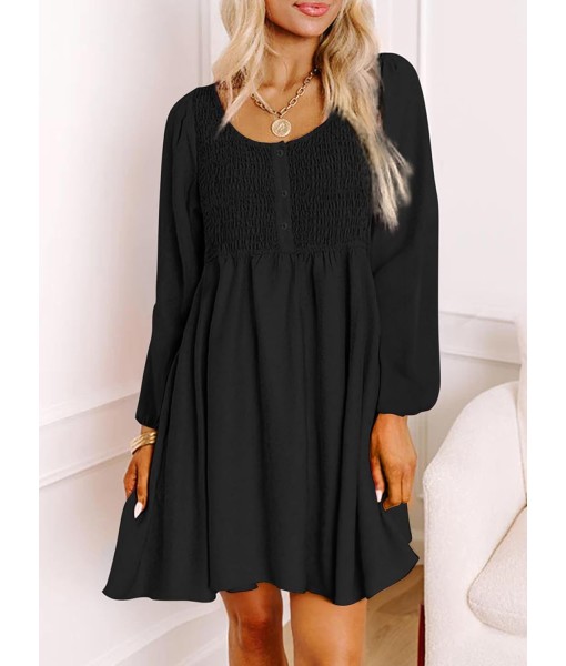 Dokotoo Womens 2025 Casual Dresses Smocked Crewneck Button Up Long Sleeve Empire Waist A-Line Mini Dress