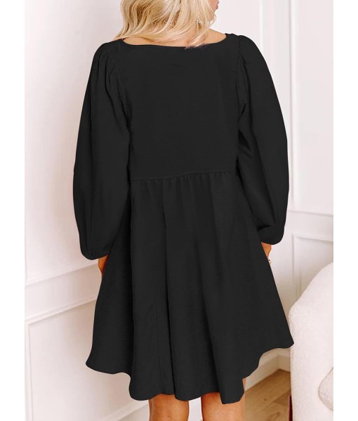 Dokotoo Womens 2025 Casual Dresses Smocked Crewneck Button Up Long Sleeve Empire Waist A-Line Mini Dress