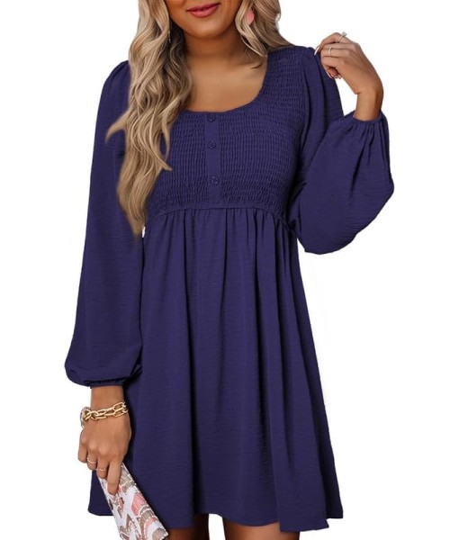 Dokotoo Womens 2025 Casual Dresses Smocked Crewneck Button Up Long Sleeve Empire Waist A-Line Mini Dress