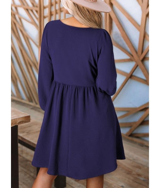Dokotoo Womens 2025 Casual Dresses Smocked Crewneck Button Up Long Sleeve Empire Waist A-Line Mini Dress
