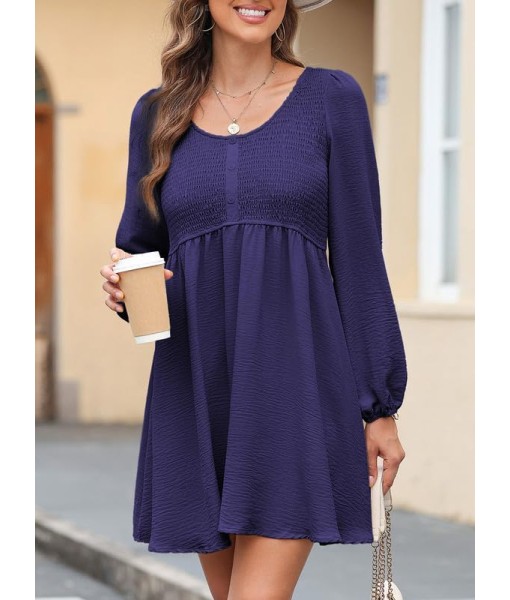 Dokotoo Womens 2025 Casual Dresses Smocked Crewneck Button Up Long Sleeve Empire Waist A-Line Mini Dress