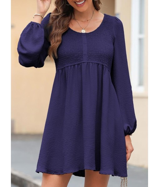Dokotoo Womens 2025 Casual Dresses Smocked Crewneck Button Up Long Sleeve Empire Waist A-Line Mini Dress