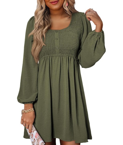 Dokotoo Womens 2025 Casual Dresses Smocked Crewneck Button Up Long Sleeve Empire Waist A-Line Mini Dress