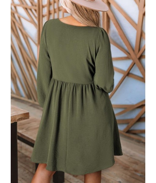 Dokotoo Womens 2025 Casual Dresses Smocked Crewneck Button Up Long Sleeve Empire Waist A-Line Mini Dress