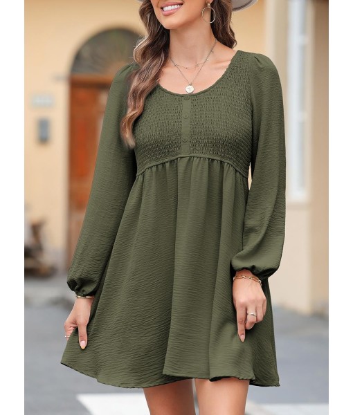Dokotoo Womens 2025 Casual Dresses Smocked Crewneck Button Up Long Sleeve Empire Waist A-Line Mini Dress