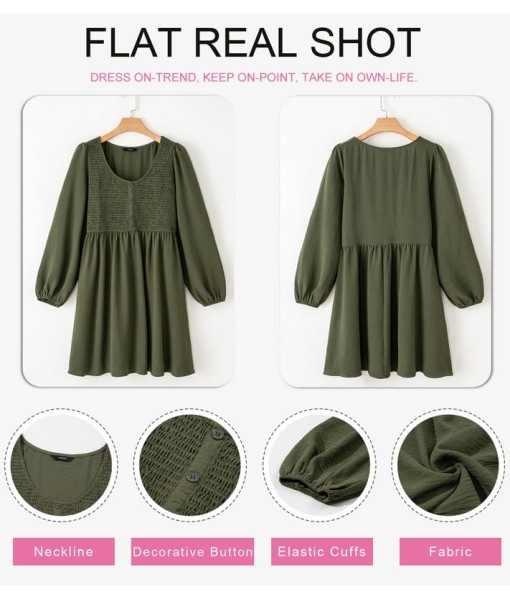 Dokotoo Womens 2025 Casual Dresses Smocked Crewneck Button Up Long Sleeve Empire Waist A-Line Mini Dress