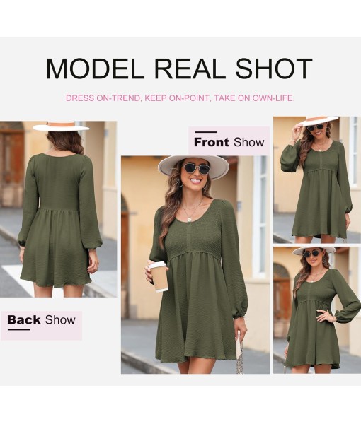 Dokotoo Womens 2025 Casual Dresses Smocked Crewneck Button Up Long Sleeve Empire Waist A-Line Mini Dress