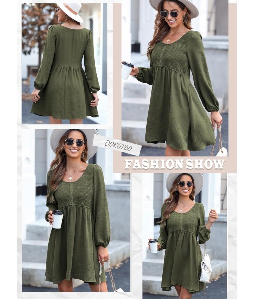 Dokotoo Womens 2025 Casual Dresses Smocked Crewneck Button Up Long Sleeve Empire Waist A-Line Mini Dress