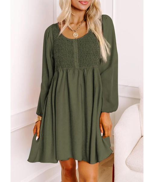 Dokotoo Womens 2025 Casual Dresses Smocked Crewneck Button Up Long Sleeve Empire Waist A-Line Mini Dress