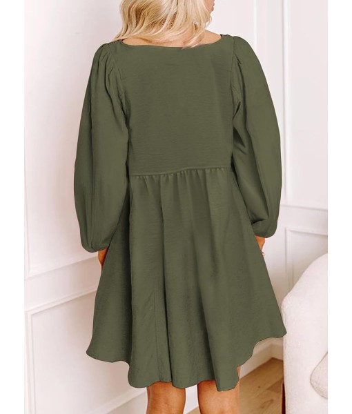 Dokotoo Womens 2025 Casual Dresses Smocked Crewneck Button Up Long Sleeve Empire Waist A-Line Mini Dress