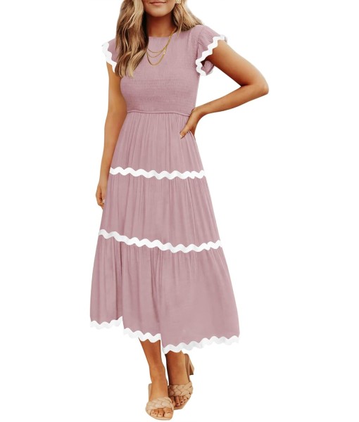 ZESICA Women's Summer Flutter Short Sleeve Smocked Midi Dress Casual High Waist Rickrack Tiered Flowy Dresses