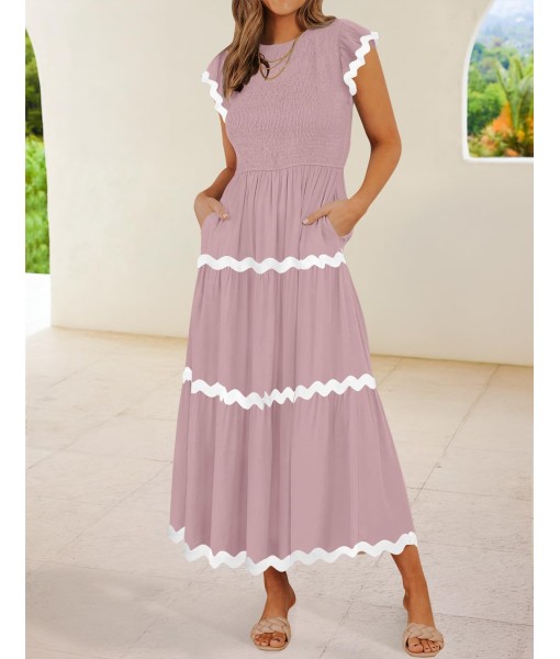 ZESICA Women's Summer Flutter Short Sleeve Smocked Midi Dress Casual High Waist Rickrack Tiered Flowy Dresses