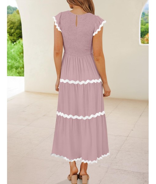 ZESICA Women's Summer Flutter Short Sleeve Smocked Midi Dress Casual High Waist Rickrack Tiered Flowy Dresses
