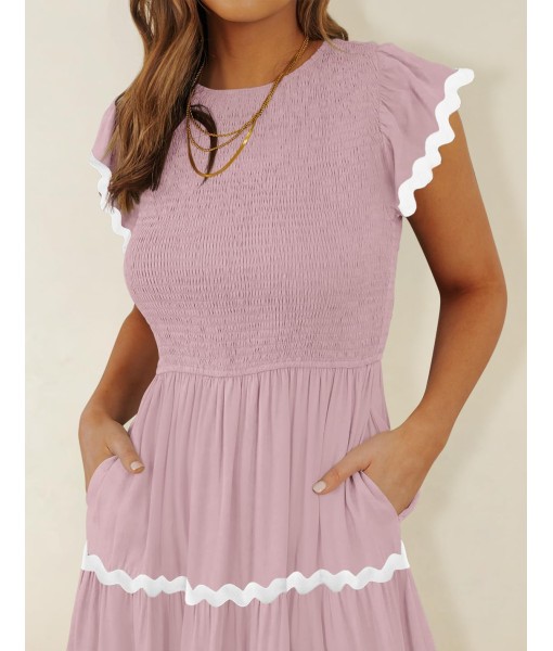 ZESICA Women's Summer Flutter Short Sleeve Smocked Midi Dress Casual High Waist Rickrack Tiered Flowy Dresses