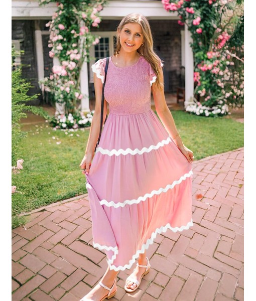 ZESICA Women's Summer Flutter Short Sleeve Smocked Midi Dress Casual High Waist Rickrack Tiered Flowy Dresses