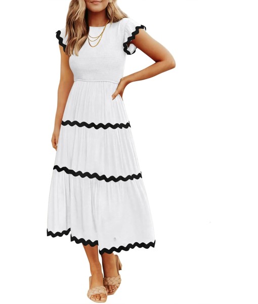 ZESICA Women's Summer Flutter Short Sleeve Smocked Midi Dress Casual High Waist Rickrack Tiered Flowy Dresses