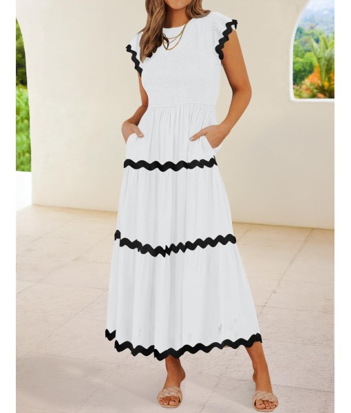 ZESICA Women's Summer Flutter Short Sleeve Smocked Midi Dress Casual High Waist Rickrack Tiered Flowy Dresses