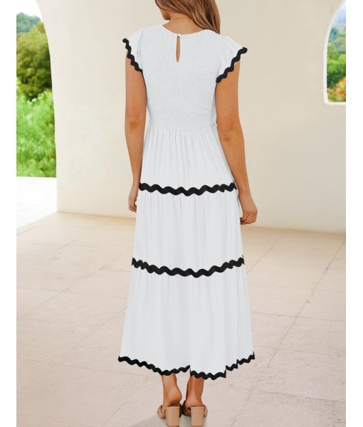 ZESICA Women's Summer Flutter Short Sleeve Smocked Midi Dress Casual High Waist Rickrack Tiered Flowy Dresses