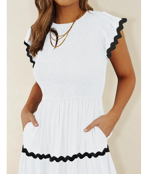 ZESICA Women's Summer Flutter Short Sleeve Smocked Midi Dress Casual High Waist Rickrack Tiered Flowy Dresses
