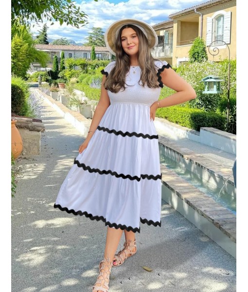 ZESICA Women's Summer Flutter Short Sleeve Smocked Midi Dress Casual High Waist Rickrack Tiered Flowy Dresses
