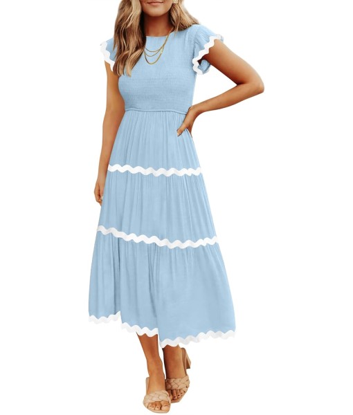 ZESICA Women's Summer Flutter Short Sleeve Smocked Midi Dress Casual High Waist Rickrack Tiered Flowy Dresses