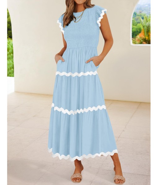 ZESICA Women's Summer Flutter Short Sleeve Smocked Midi Dress Casual High Waist Rickrack Tiered Flowy Dresses