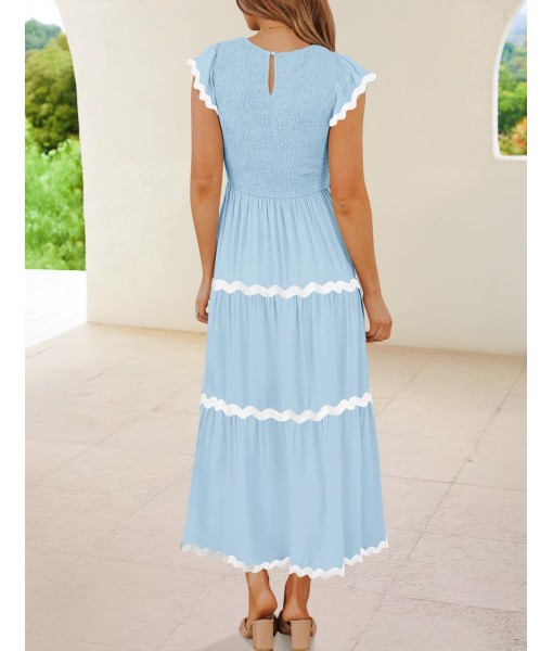 ZESICA Women's Summer Flutter Short Sleeve Smocked Midi Dress Casual High Waist Rickrack Tiered Flowy Dresses
