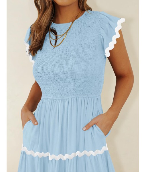 ZESICA Women's Summer Flutter Short Sleeve Smocked Midi Dress Casual High Waist Rickrack Tiered Flowy Dresses