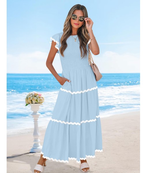 ZESICA Women's Summer Flutter Short Sleeve Smocked Midi Dress Casual High Waist Rickrack Tiered Flowy Dresses