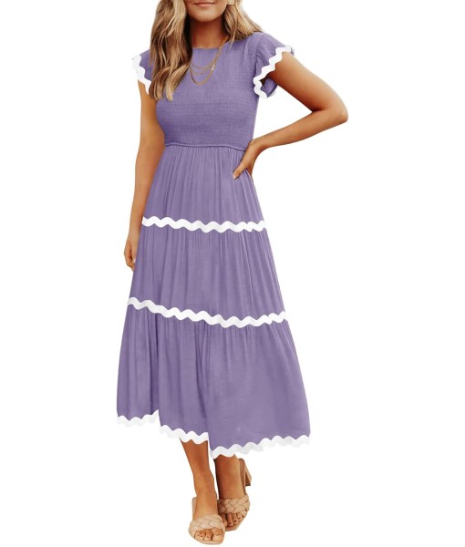 ZESICA Women's Summer Flutter Short Sleeve Smocked Midi Dress Casual High Waist Rickrack Tiered Flowy Dresses