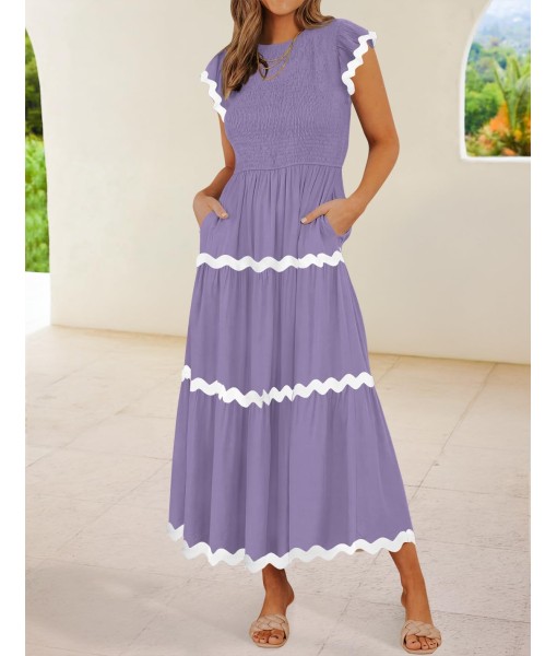 ZESICA Women's Summer Flutter Short Sleeve Smocked Midi Dress Casual High Waist Rickrack Tiered Flowy Dresses