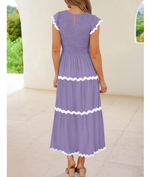 ZESICA Women's Summer Flutter Short Sleeve Smocked Midi Dress Casual High Waist Rickrack Tiered Flowy Dresses