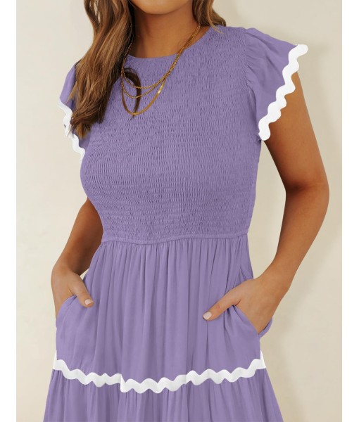 ZESICA Women's Summer Flutter Short Sleeve Smocked Midi Dress Casual High Waist Rickrack Tiered Flowy Dresses