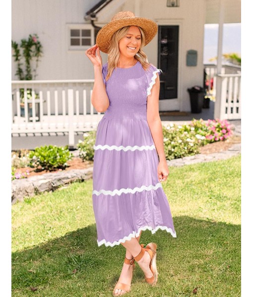 ZESICA Women's Summer Flutter Short Sleeve Smocked Midi Dress Casual High Waist Rickrack Tiered Flowy Dresses