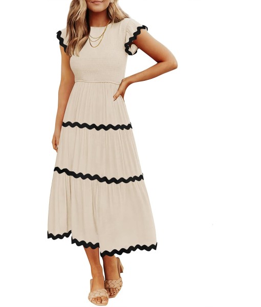 ZESICA Women's Summer Flutter Short Sleeve Smocked Midi Dress Casual High Waist Rickrack Tiered Flowy Dresses
