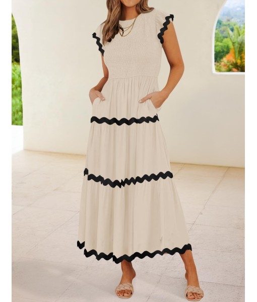 ZESICA Women's Summer Flutter Short Sleeve Smocked Midi Dress Casual High Waist Rickrack Tiered Flowy Dresses