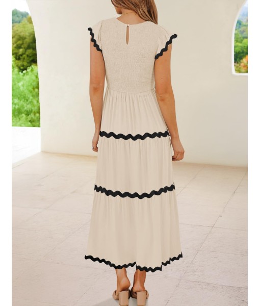 ZESICA Women's Summer Flutter Short Sleeve Smocked Midi Dress Casual High Waist Rickrack Tiered Flowy Dresses
